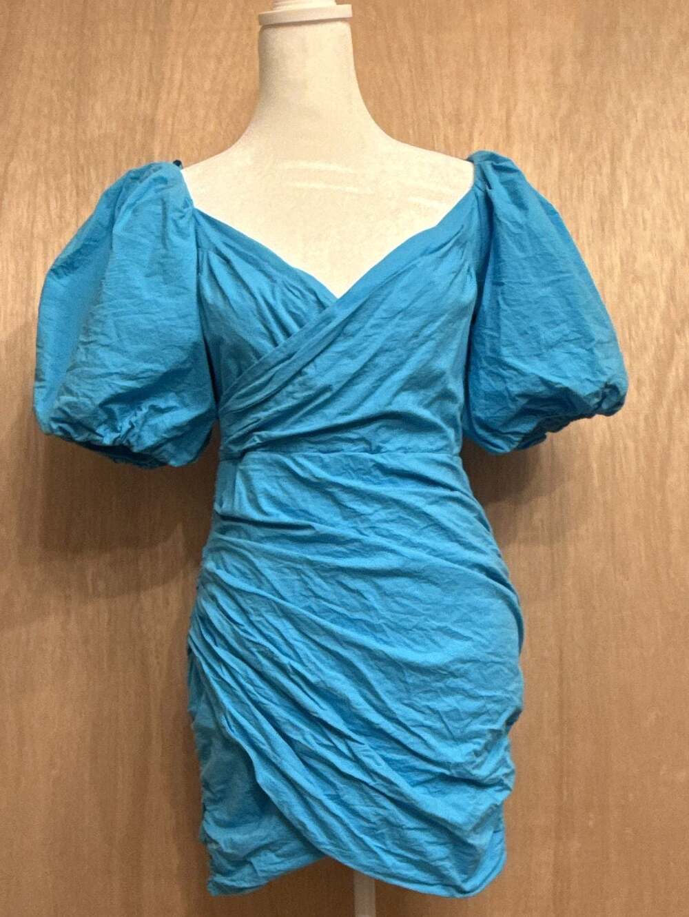 Vestique Blue Puff Sleeve Ruched Mini Dress